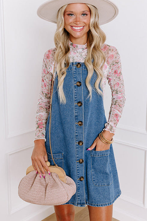Wide Strap Button Front Pocketed Denim Mini Dress